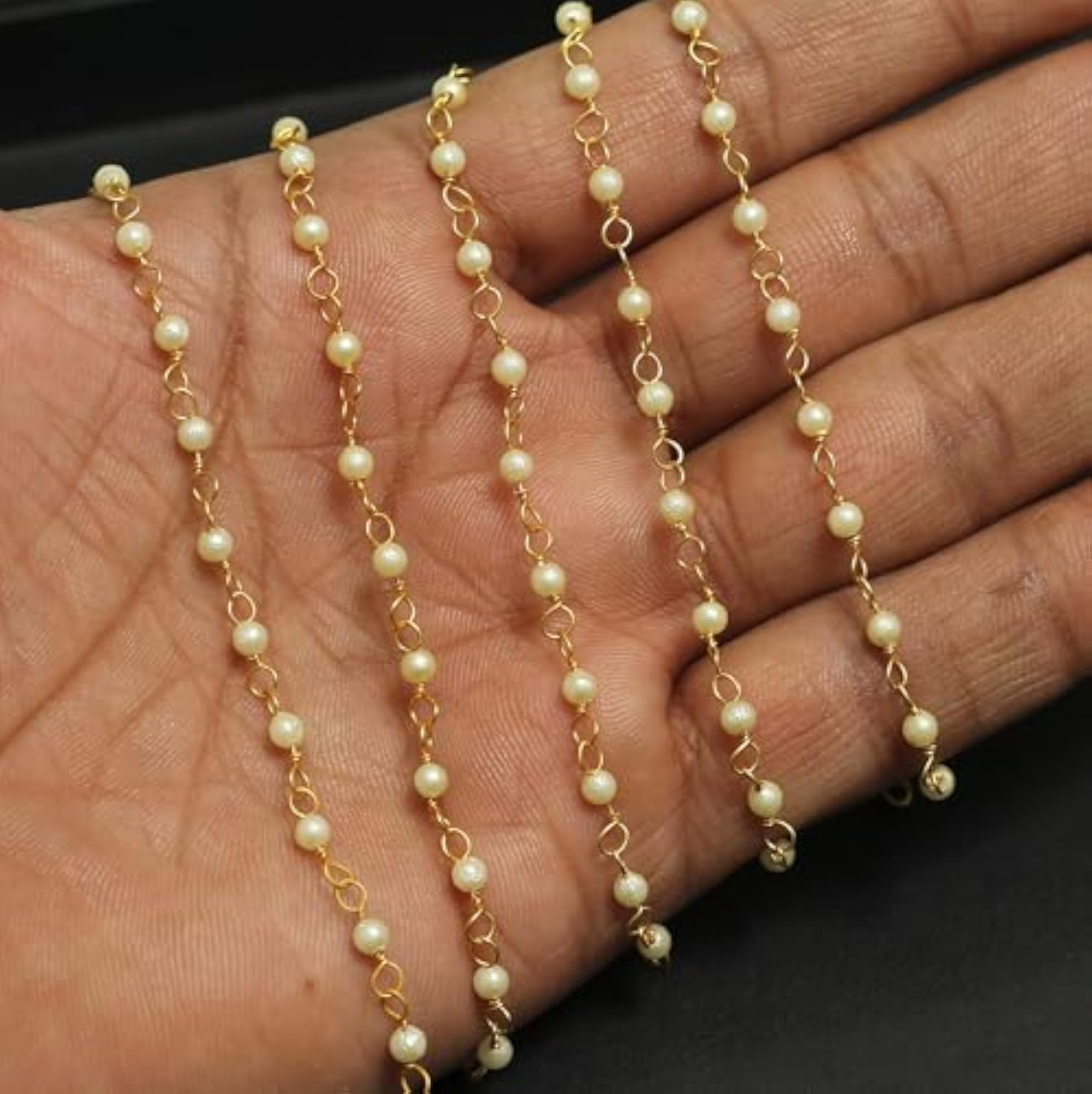 Golden Plated Acrylic Pearl Beads Chain, 5 Mtrs